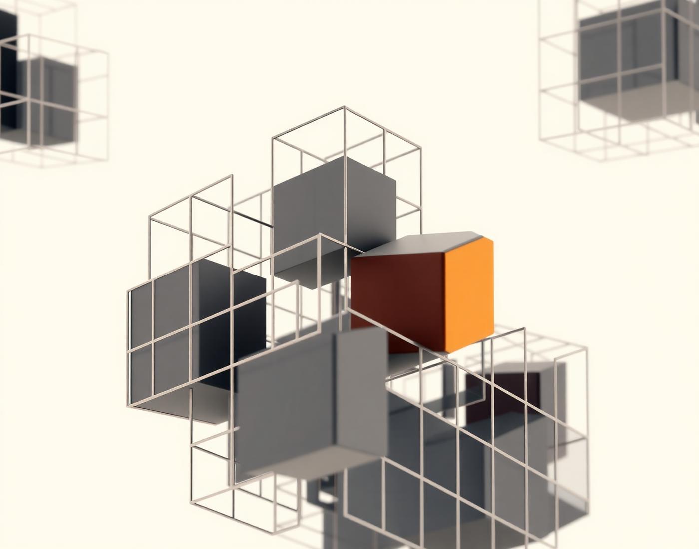 Abstract wireframe cube structure with a single orange volume