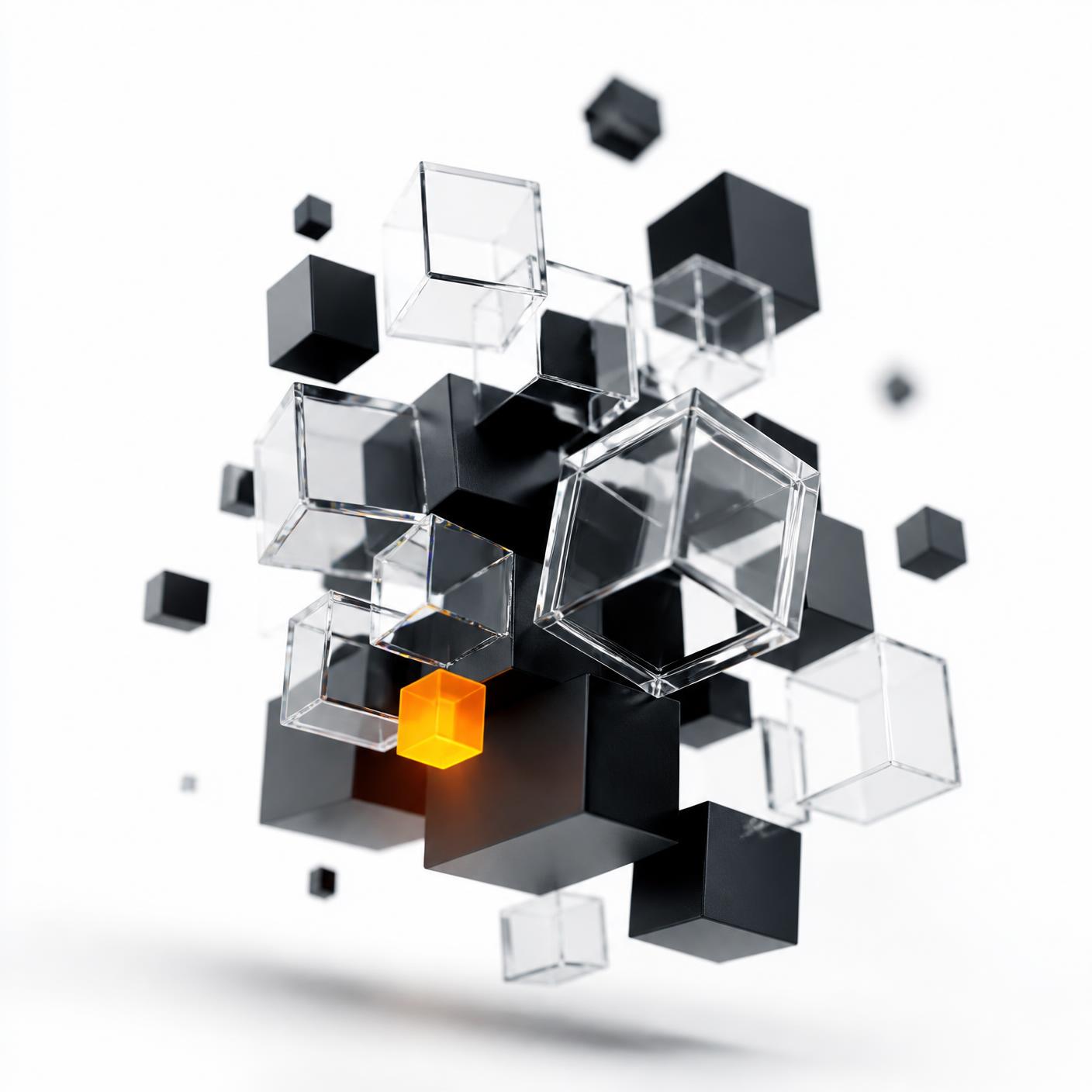 Abstract composition of transparent glass and black cubes with a single orange cube